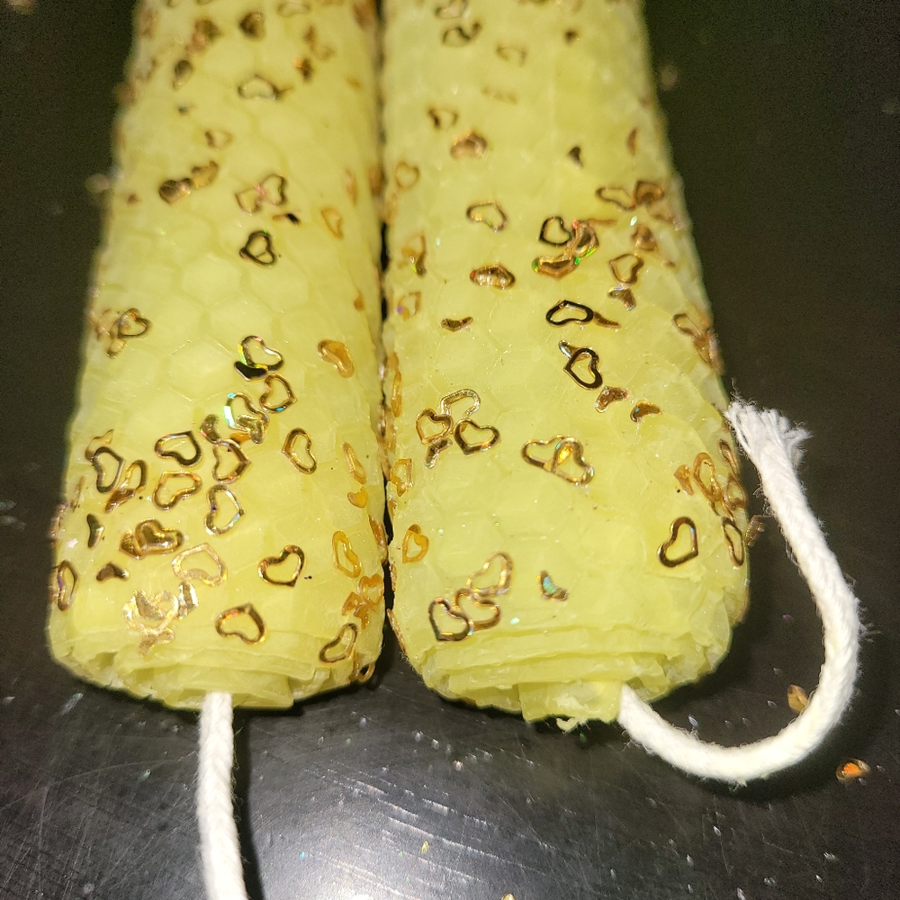Pair of Heart Glittered Beeswax Candles